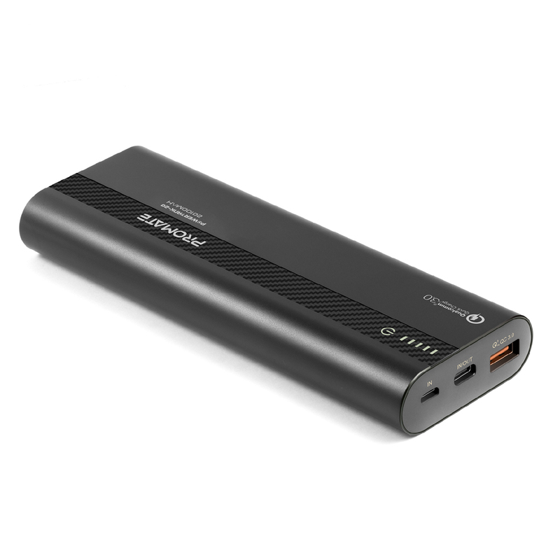 Promate 10000mAh PowerTank-20 Qualcomm QC3.0 Powerbank, Aluminium Portable USB Type-C Input/Output 18W Power Delivery, Over Charging Protection for iPhone XS/XS Max, Samsung S9+, iPad, Black